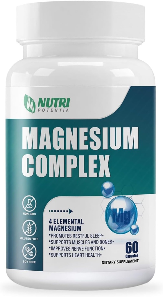 Magnesium Complex supplement 500 mg- Magnesium Mineral Kosttilskud, Magnesium Glycinat, Citrat, Malat, Taurat med B6 - ben, hjerte, muskel & nervesystem Support - 60 kapsler