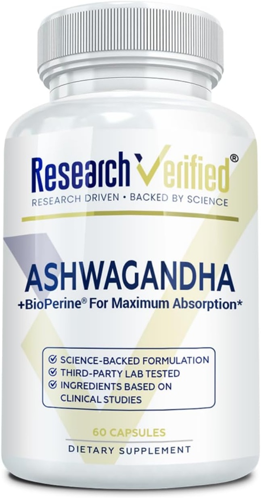 Forskning Verificeret Ashwagandha 1500mg Maksimal styrke med Bioperine og Ginger Root, Forbedre kognitiv funktion - 60 Vegan venlige kapsler (1 flaske)