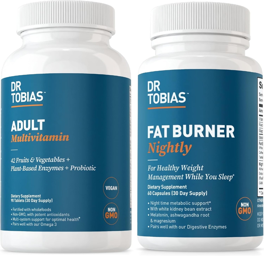 Dr. Tobias Fat Burner Nightly & Voksen Multivitamin støtter energi, Immunitet & Metabolisme med Ashwagandha. 42 Frugter & Grøntsager med Probiotika, Green Coffee Bean Extract, Non- GMO, 30 Day Supply