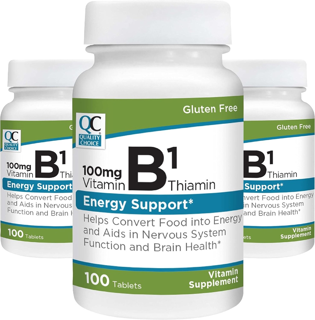 Quality Choice Vitamin B1 Thiamin 100 mg Energy Support, Nervous System Function, & Brain Health Vitamin Supplement Tablets, 100 Count Bottles (3 Pack)