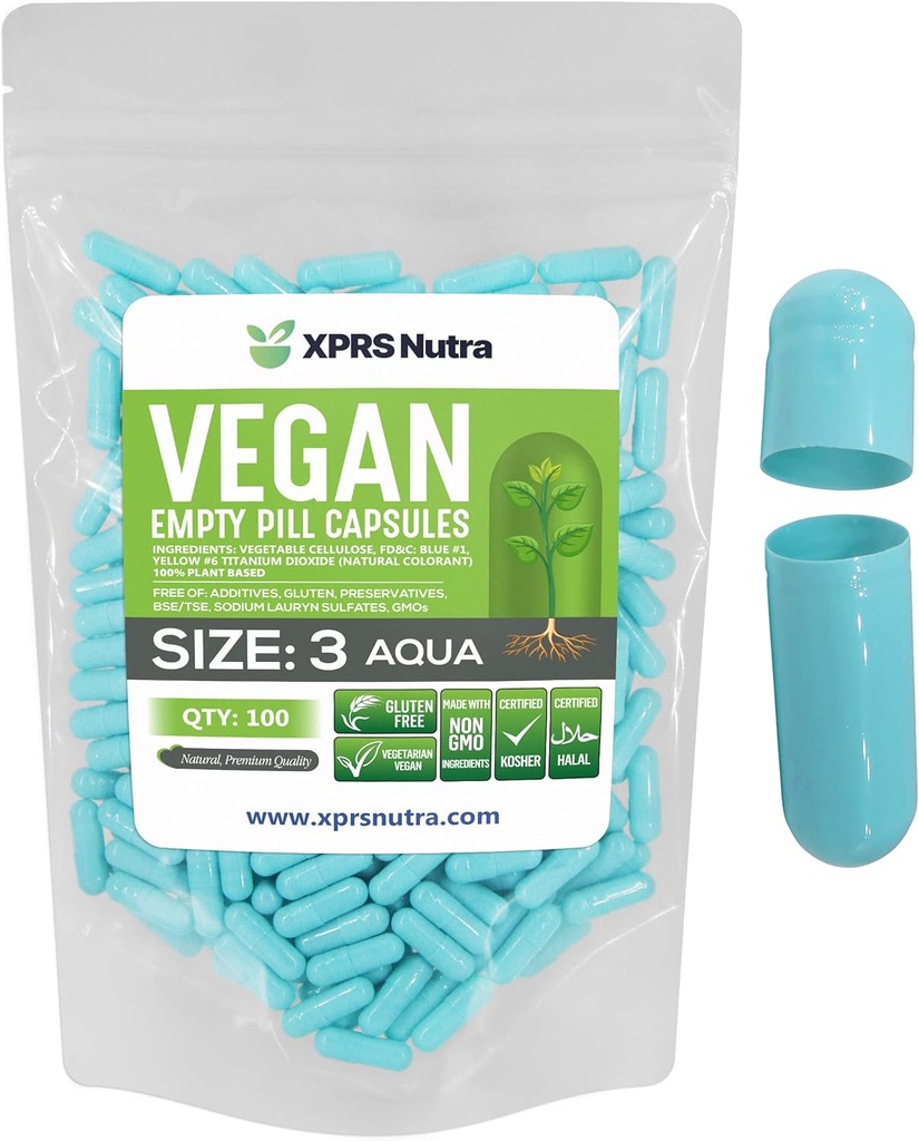 XPRS Nutra Størrelse 3 Tomme kapsler - 100 Count Vegan piller - Vegetarisk Tomme piller kapsler - DIY vegetabilsk kapsel Filling- Veggie piller (Aqua)