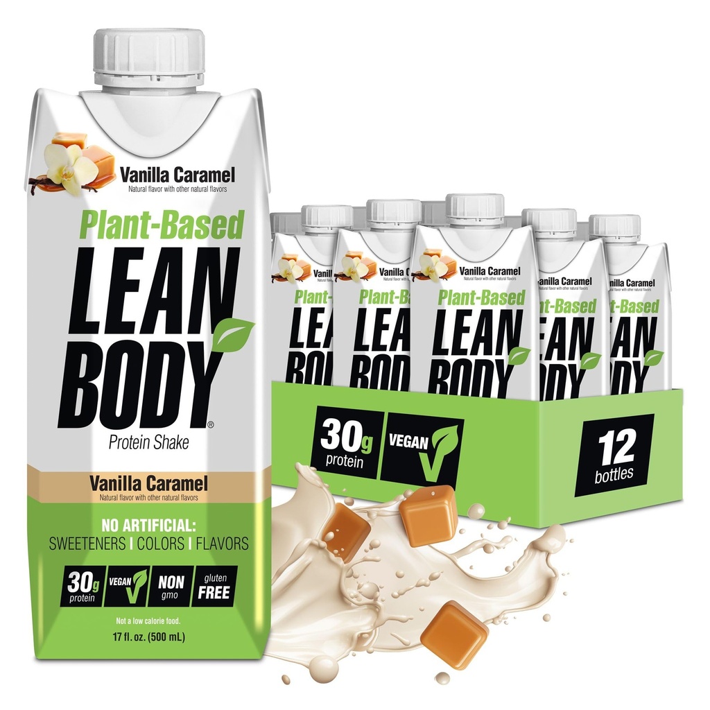 Lean Body Ready- to- Drink, Plant- baseret Vegan Vanilla Caramel Protein Shake, 30g Protein, Ingen kunstige smagsstoffer, sødestoffer eller farvestoffer, Ikke GMO, Gluten Free, Premium Pea & Rice Blend (pakke med 12)