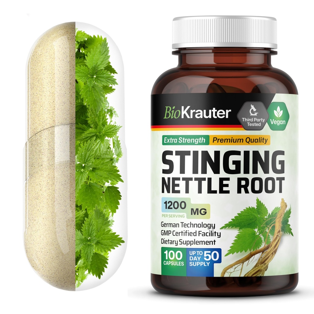 BIO KRAUTER Stinging Nettle kapsler 1200 mg - 100 naturlige urinveje & Samlet støtte Caps - Nettle Root Powder (Urtica Dioica) - Ikke GMO