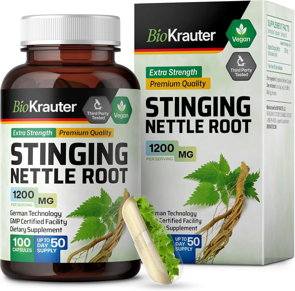 BIO KRAUTER Stinging Nettle kapsler 1200 mg - 100 naturlige urinveje & Samlet støtte Caps - Nettle Root Powder (Urtica Dioica) - Ikke GMO