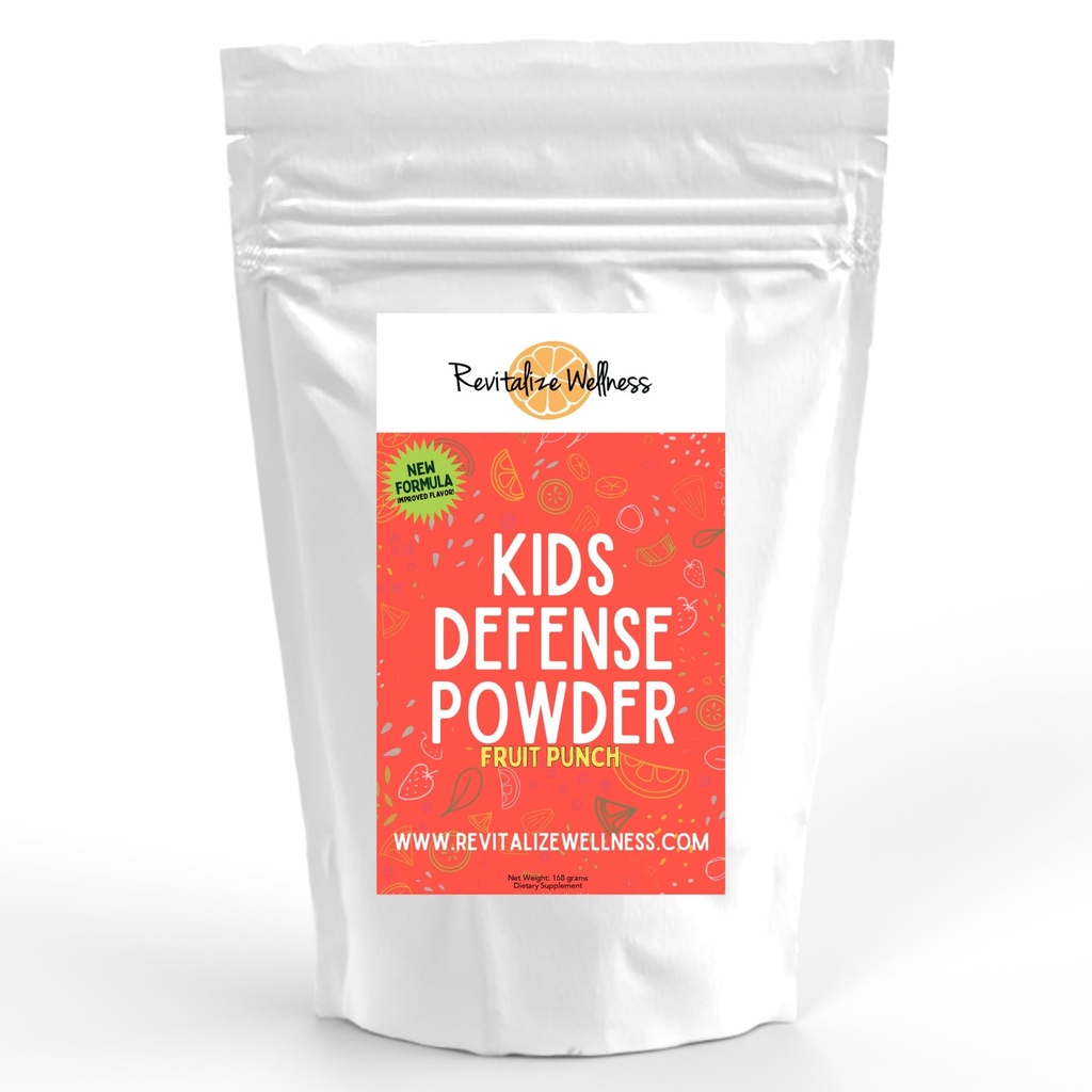 Kids Defense Powder 124; New Formel, Forbedret Flavor 124; Orthomolekulær dosis på 1000 mg vitamin C og 250 mg B3 124; Pure, Corn Free, & GMO- Free; Fruit Punch Flavor 124; 120 Servering