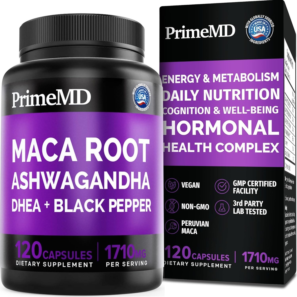 6-in-1 Organic Maca Root Ashwagandha Kapsler 1710mg med DHEA og sort peber frugt ekstrakt for kvinder og mænd - Black Maca Supplement for Stamina, Bone og Mood Support, 120 tæller