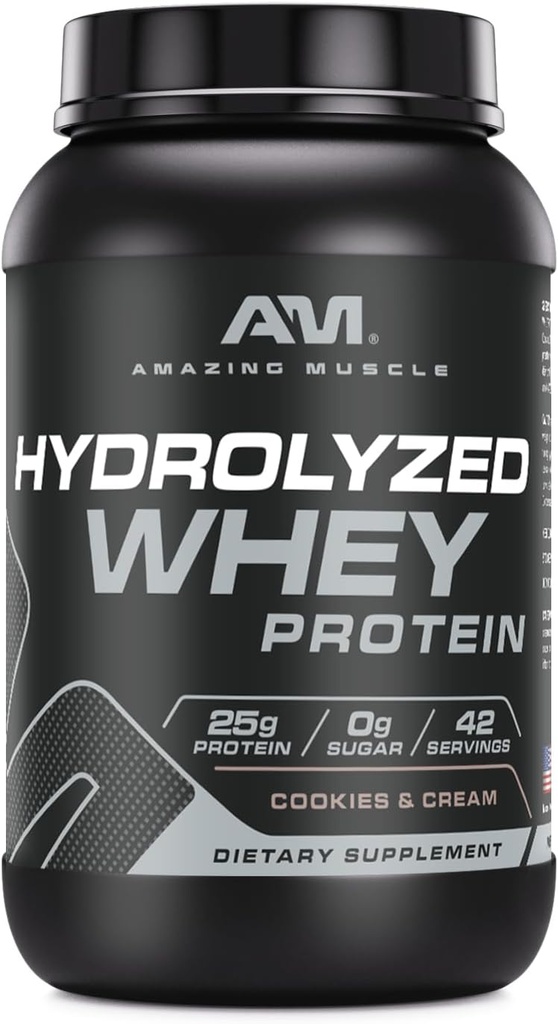 Amazing Muscle Hydrolyzed Whey Protein Isolate Cookies & Cream Flavor Supplement- 124; 25 G Protein - 124; 3 Lb (1,36 Kg - 124; Made in USA