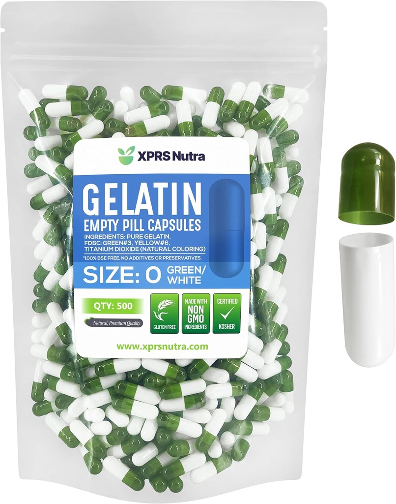 XPRS Nutra Størrelse 0 Tomme kapsler - 500 Tomme Gelatine kapsler - Piller gør det - Pure Bovin Pill Gel Caps til Do- It- Yourself Kosttilskud (grøn / hvid)