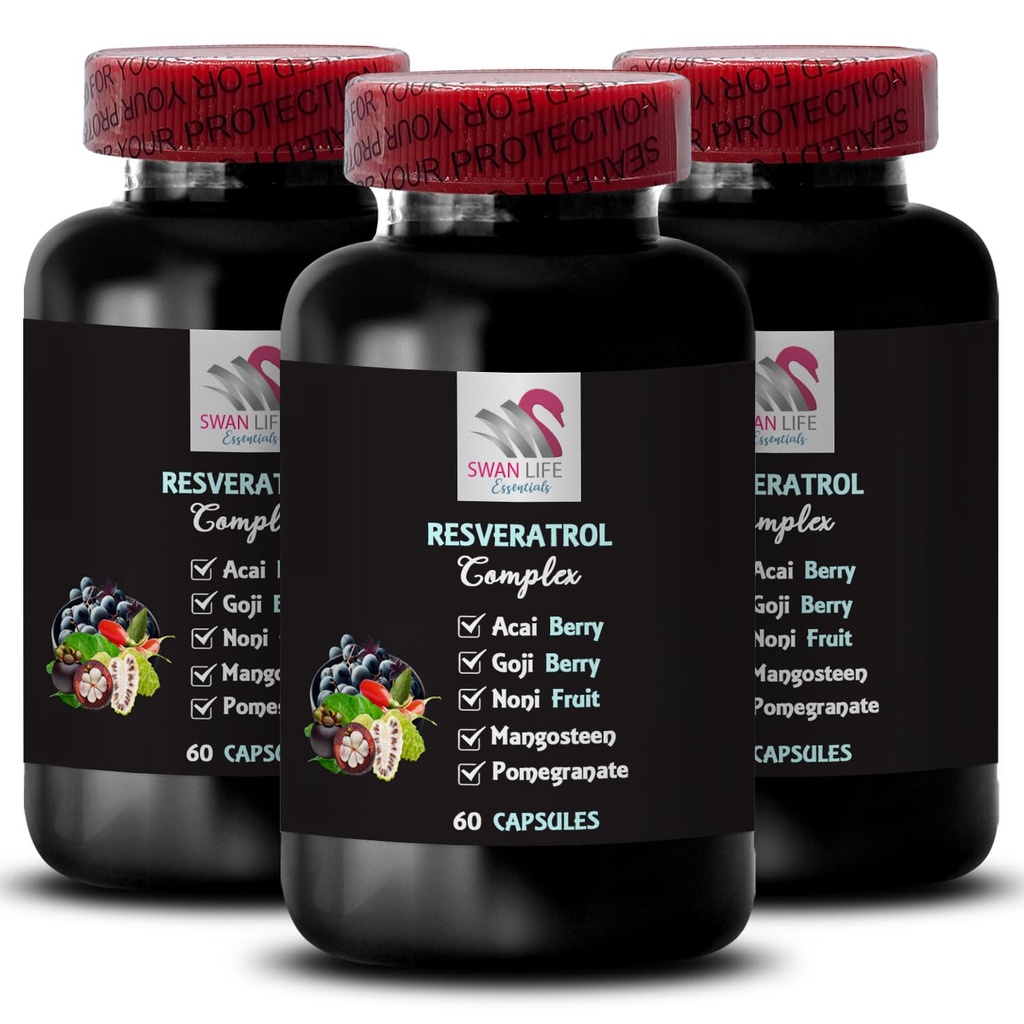 Berry fordele - RESVERATROL COMLEX - Daglige antioxidanter, Acai Berry Styrke, Elderberry Boost, Grape Skin Boost, Pomegranate Energy, Goji Berry Power, Hydrationsfaktor 3 Flasker 180 Kapsler