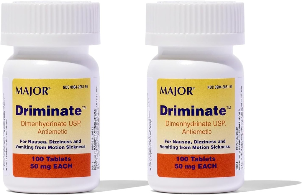 MAJOR Driminate - Dimenhydrinate 50mg motion sygemetabletter - Anti- Kvalme Medicin - 100 tabletter (2 pakker)