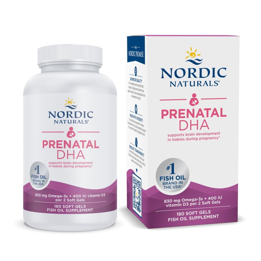 Nordic Naturals Prenatal DHA, Unflavored - 180 Soft Gels - 830 mg Omega-3 + 400 IE D3-vitamin - Understøtter hjernens udvikling hos spædbørn under graviditet og amning - ikke-GMO - 90 Servering
