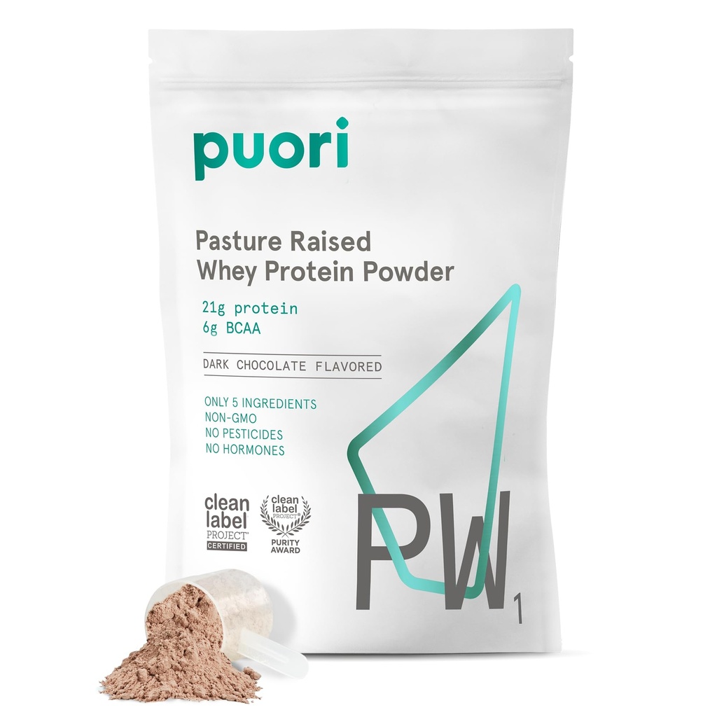 Puori Whey Protein Powder, Dark Chocolate - PW1 Pasture- Raised, Grass- Fed Whey Protein Powder Drink Mix indeholdende BCAA Aminosyrer - efter-workout supplement til muskel Gain & Inddrivelse - 30 Servere