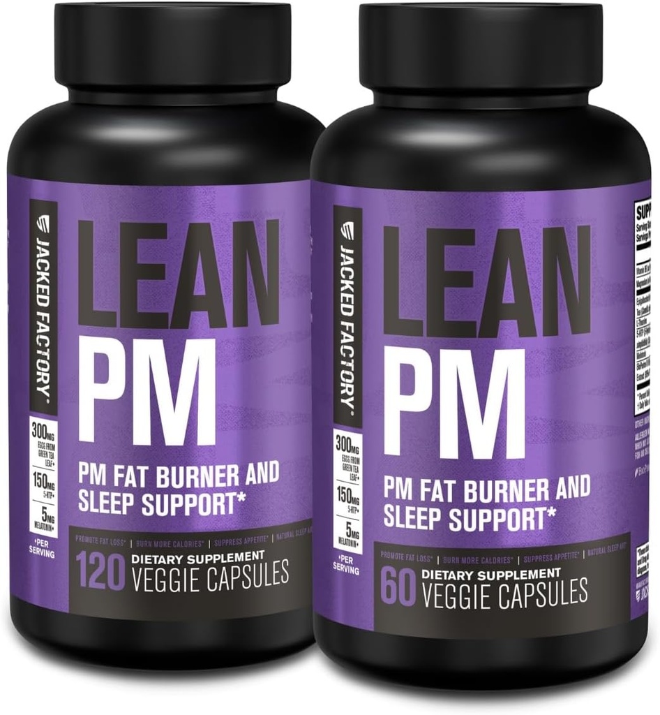 Jacked Factory Lean PM Night Time Fat Burner, Sleep Aid Supplement, & Appetite Suppressant til mænd og kvinder - 180 Stimulant- Gratis Veggie vægttab kost piller