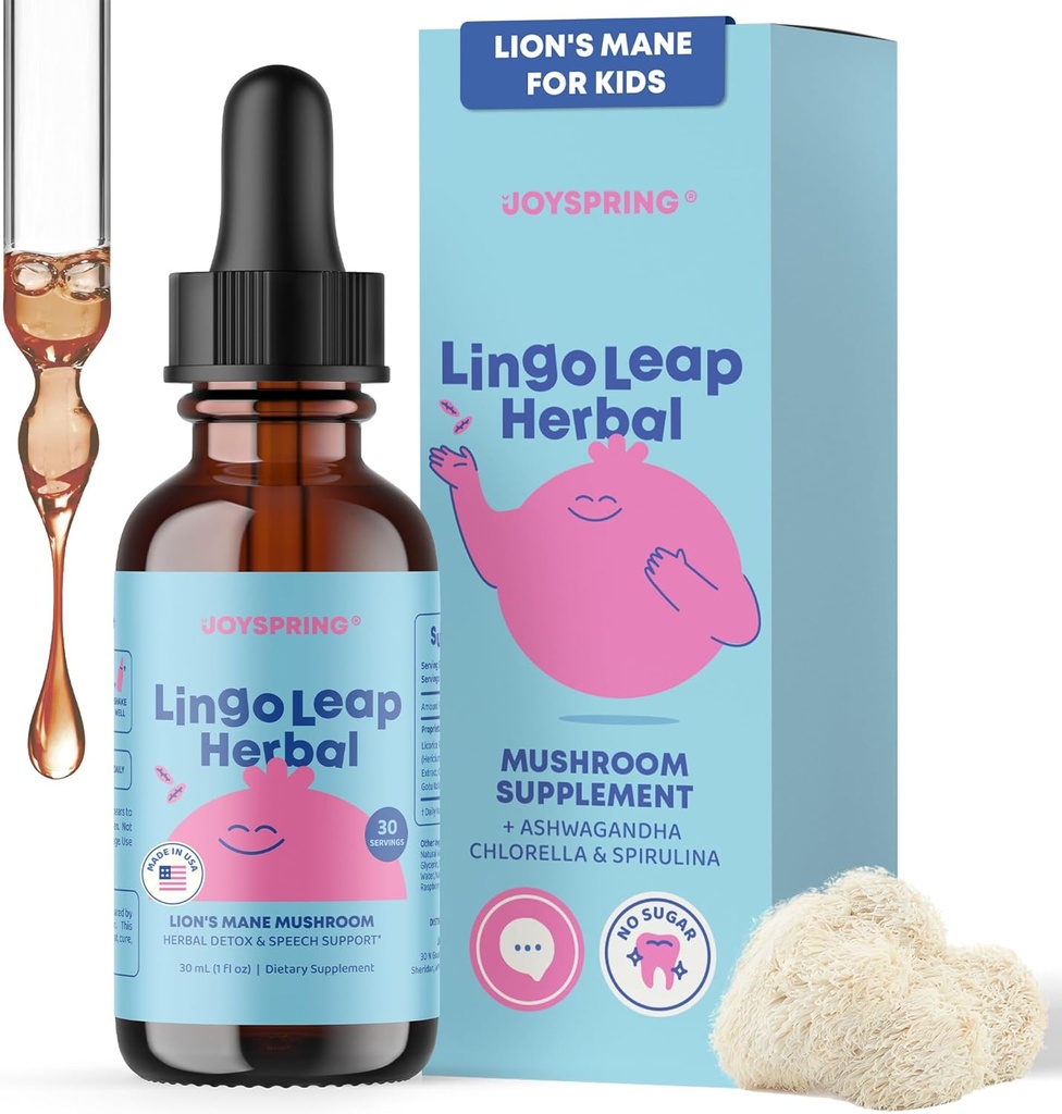 JoySpring Lions Mane for Kids | Speech Delay Supplement for Kids & Toddlers | Lion’s Mane Mushroom, Gotu Kola & Ashwagandha for Speech Therapy & Cognitive Support – Easy-Take Liquid | LingoLeap Herbal