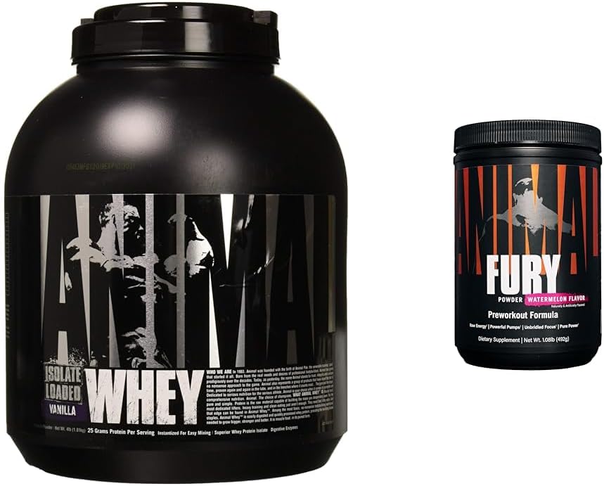 Animal Whey Isolate Whey Protein Powder - Isolate Loaded for Post Workout and Recovery & Fury Pre Workout Powder Supplement for Energy and Focus 5g BCAA 350mg Koffein Nitrogen Oxid