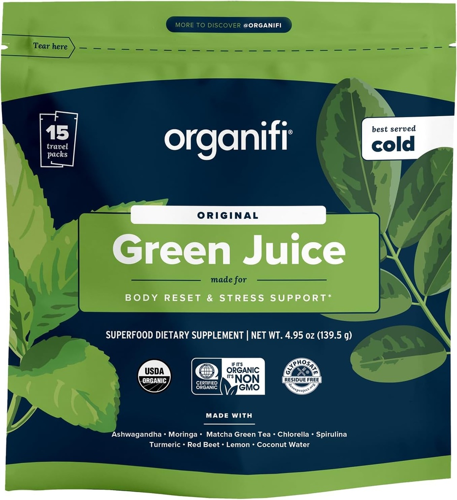 Organifi: GO Packs - Grøn Juice - Økologisk Superfood supplement Pulver - 15 Rejsepakker - Økologisk Vegansk Grønne - Hydrater og Revitalizes