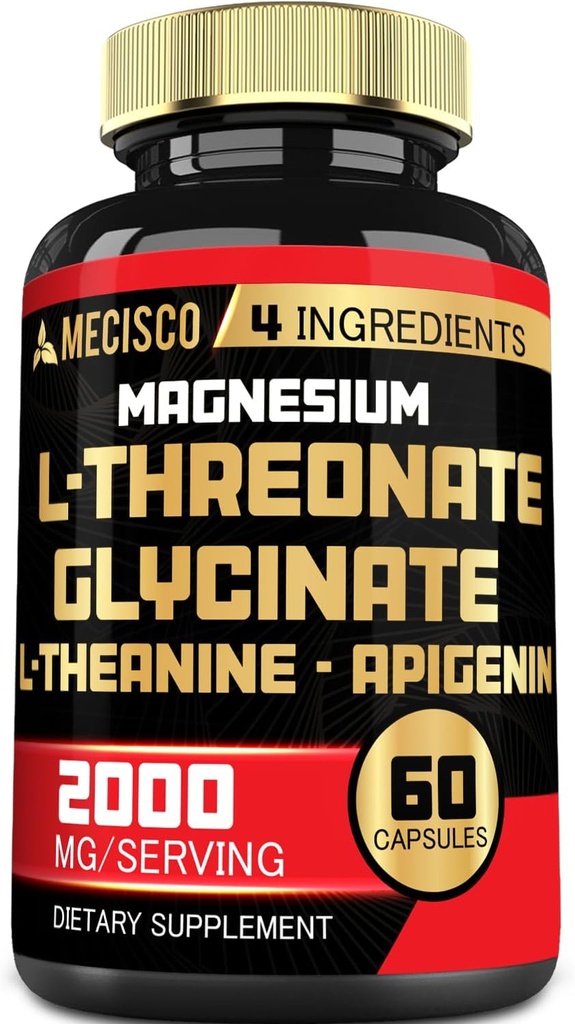 2000mg Magnesium L Threonat Supplement med Magnesium Glycinat, L- Theanin & Apigenin - 60 kapsler - positiv mood, hjerne sundhed, evne til at huske & muskel vækststøtte