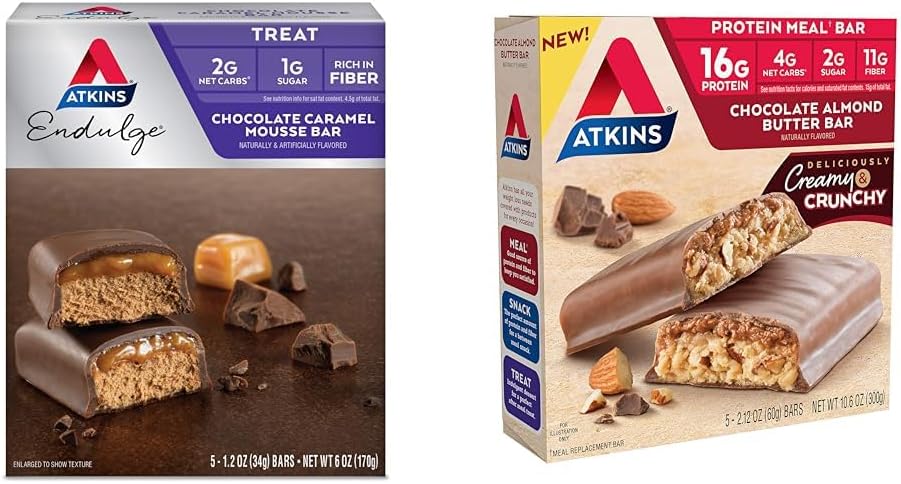 Atkins Endulge Chokolade Caramel Mousse Bar, Dessert Favorite, 1g Sukker, Høj i Fiber, 5 Greve & Chokolade Mandel Butter Protein Meal Bar, Keto Friendly, 5 Greve