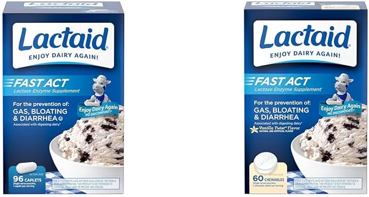 Lactaid Fast Act Lactose Intolerance Relief Caplets med Lactase Enzyme, 96 Count & Fast Act Lactose Intolerance Chewables med Lactase Enzymes, Vanilla, 60 Count (pakke med 1)