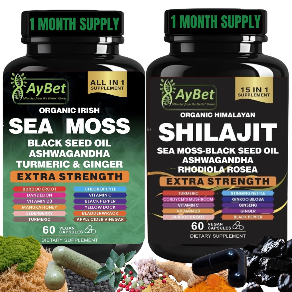 Sea Moss Shilajit Combo Bundle Capsule, Black Seed Oil, Ashwagandha, Rhodiola Rosea, Burdok, gurkemeje, Ginger, VitC, VitD3, Alle i et tillæg, 120 Kapsler, Halal, Vegan, USDA Organic