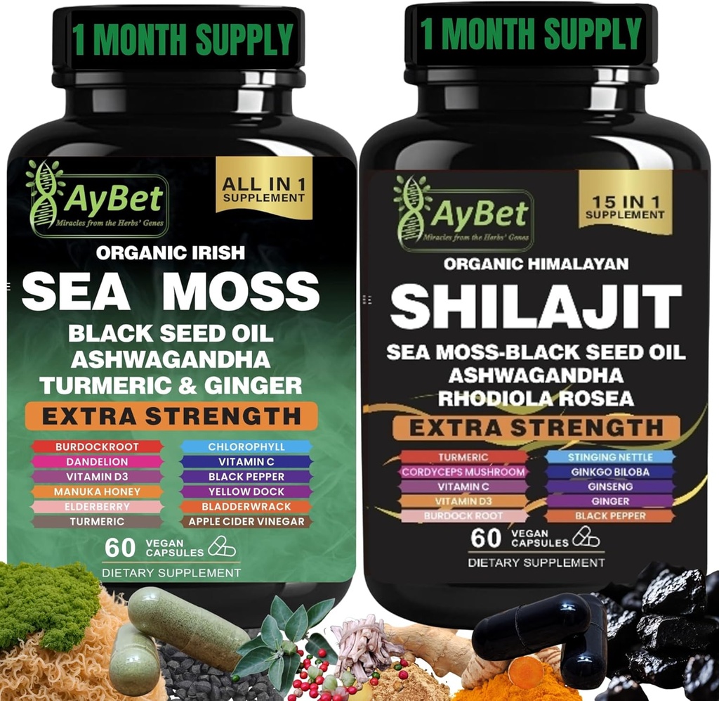 Sea Moss Shilajit Combo Bundle Capsule, Black Seed Oil, Ashwagandha, Rhodiola Rosea, Burdok, gurkemeje, Ginger, VitC, VitD3, Alle i et tillæg, 120 Kapsler, Halal, Vegan, USDA Organic