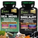 Sea Moss Shilajit Combo Bundle Capsule, Black Seed Oil, Ashwagandha, Rhodiola Rosea, Burdok, gurkemeje, Ginger, VitC, VitD3, Alle i et tillæg, 120 Kapsler, Halal, Vegan, USDA Organic