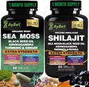Sea Moss Shilajit Combo Bundle Capsule, Black Seed Oil, Ashwagandha, Rhodiola Rosea, Burdok, gurkemeje, Ginger, VitC, VitD3, Alle i et tillæg, 120 Kapsler, Halal, Vegan, USDA Organic