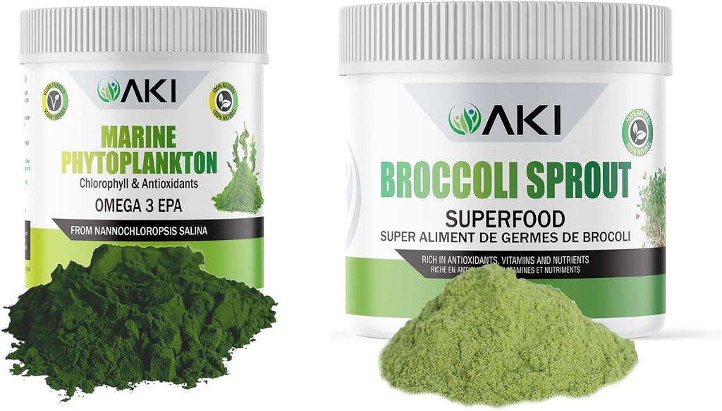AKI Broccoli Spraut Powder (5.29oz / 150g) og Marine Phytoplankton Powder (2 Oz / 57G) - Plantebaserede proteiner & Ideal in Vitumec