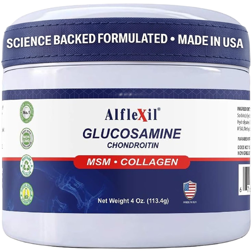 ALFA VITAMINS Alflexil Glucosamin Plus Chondroitin Cream med MSM & Collagen, understøtter sunde joints, Joint & Muscle Pain Relief, forbedrer mobilitet, hurtig absorption, og fugter hud, 4 Oz.