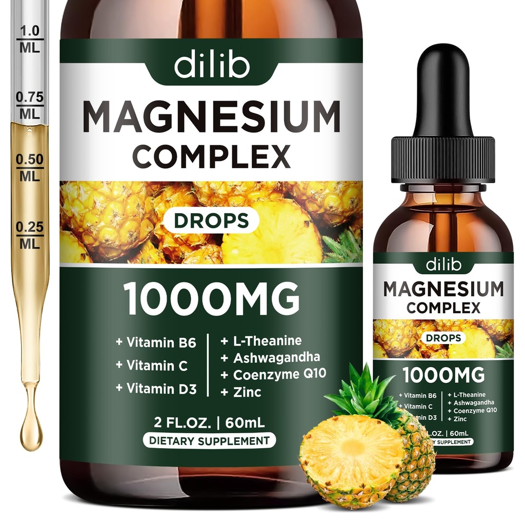Triple Magnesium Complex Supplement, Magnesium Glycinate, Blend, Citrate Liquid Drops 1000mg med Ashwagandha, CoQ10, Vitamin B6, C, D, Zink - Veganananananananas Arv