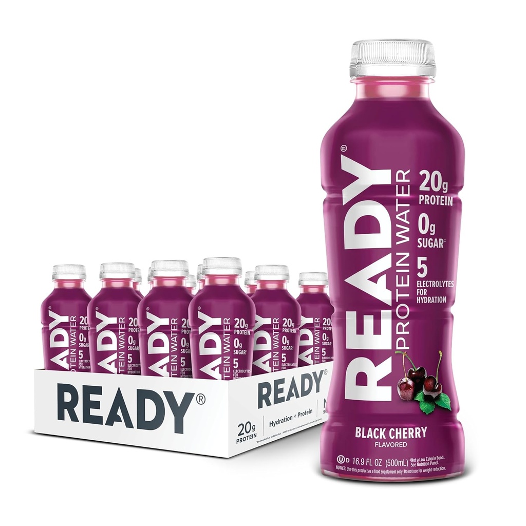 Ready ® Protein Water - 20g Whey Protein Isolate, Zero Sugar, Low- Calorie Sports Drink til Hydration & Recovery - Elektrolyter, Essential Aminosyrer - Sort Cherry, 16,9 fl oz Flasker (12- Pack)