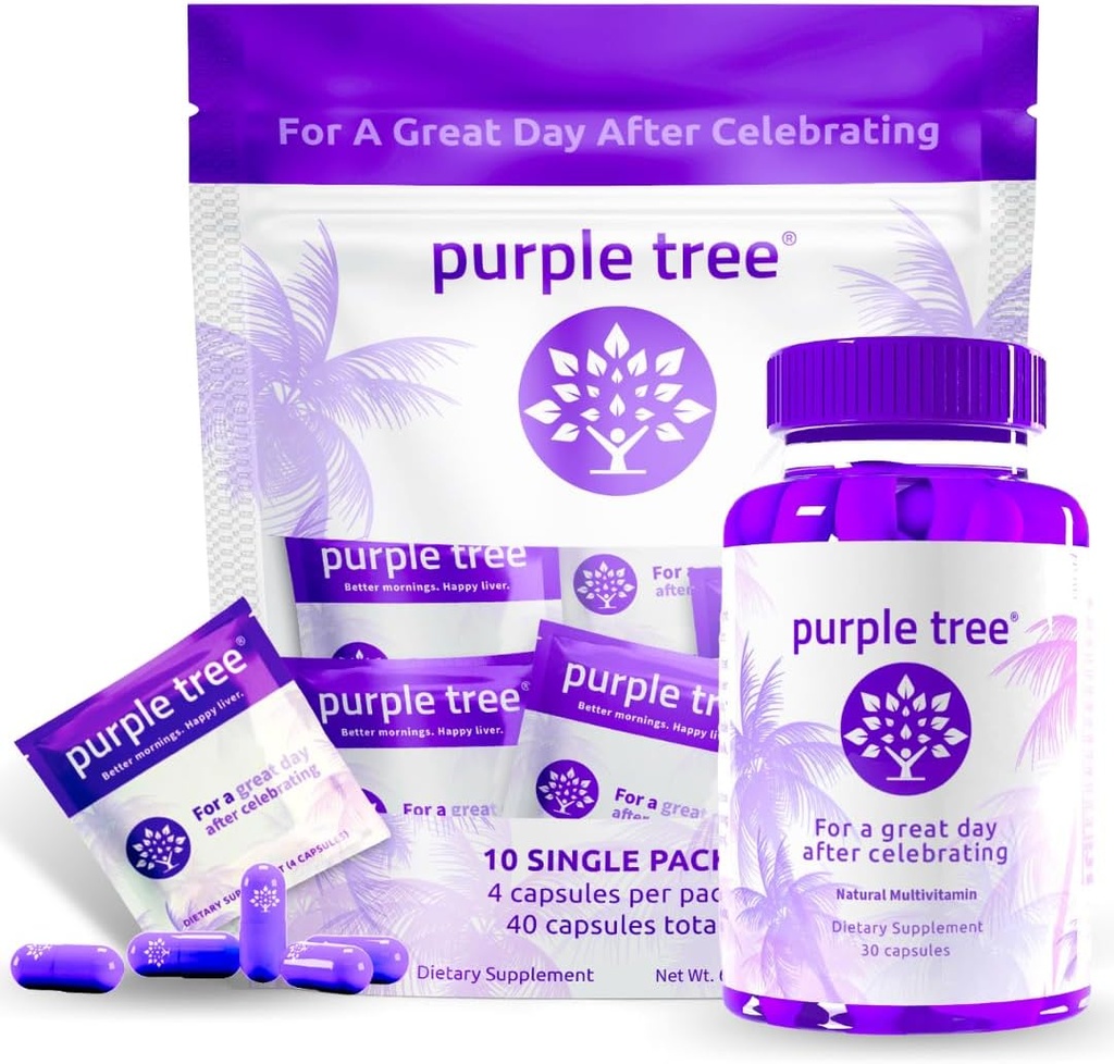Purple tree Post- Celebration Wellness Bottle + Packet Kit Combo, Leverstøtte, Rapid Hydration, Body Replenisher DHM; Dihydromyricetin DHM, Milk Thistle, Electrolytes, Vitamin B, Willow Bark, Quercetin