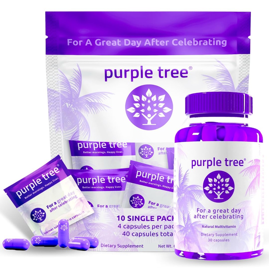 Purple tree Post- Celebration Wellness Bottle + Packet Kit Combo, Leverstøtte, Rapid Hydration, Body Replenisher DHM; Dihydromyricetin DHM, Milk Thistle, Electrolytes, Vitamin B, Willow Bark, Quercetin