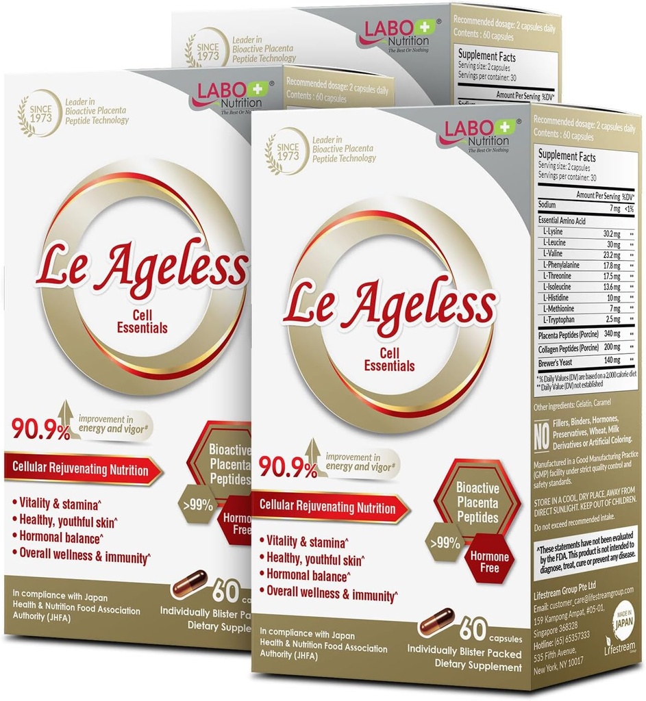 LABO Nutrition Le Agured - Placenta Cell Foryngende terapi fra Japan - Forbedret med Collagen Peptid og Brewer 's Gær til understøtter immunsundhed, hudregeneration, Anti- Aging - 60 CapsulesX3