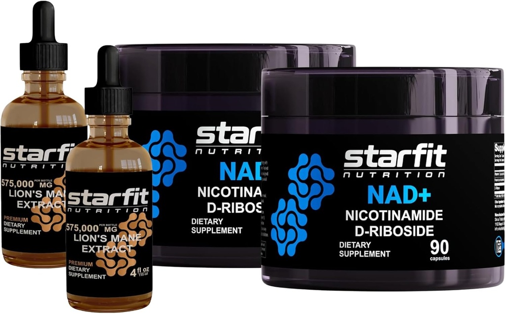 STARFIT - Nicotinamid D- Riboside, 180 Capsules & Lions Mane 575.000 Mg Extract, 8 Fl Oz