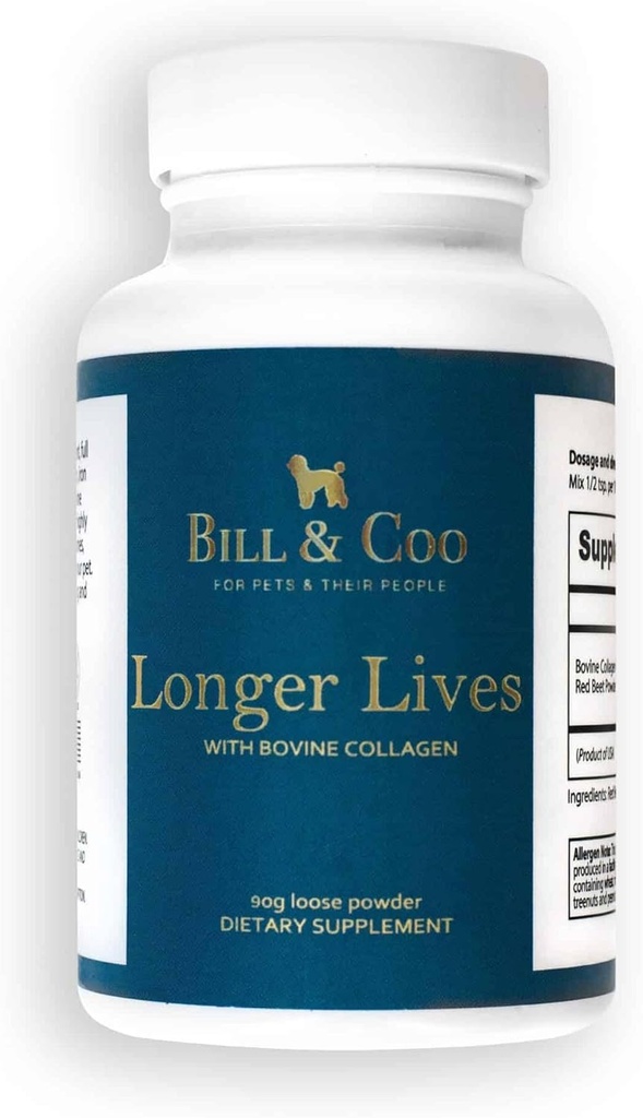 BILL & COO Længere liv Fiber supplement med Bovine Collagen Peptider & Beetroot Powder til hunde - fremmer fordøjelse, hjerte og lever støtte - Hund Joints Supplement Formel - 90g