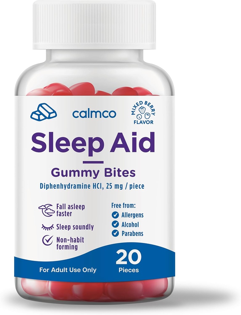 CalmCo Adult Sleep Aid Gummy Bites - Non-Habit Danning Sleep Support med 25 mg Diphenhydramin, Easy- to- Chew Nighttime Sleep Aid Gummies, Promotions Better Sleep, and Fall Asseep Hurtigere, 20 Greve
