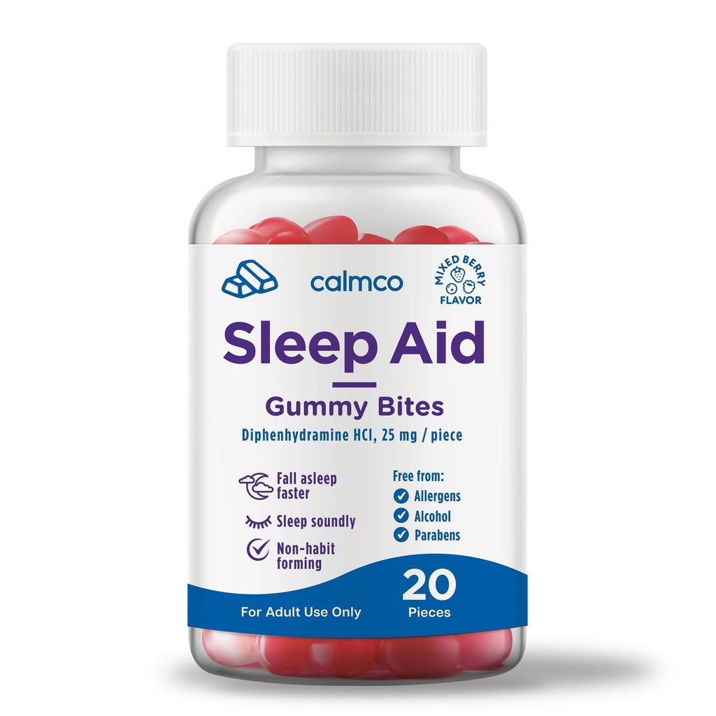 CalmCo Adult Sleep Aid Gummy Bites - Non-Habit Danning Sleep Support med 25 mg Diphenhydramin, Easy- to- Chew Nighttime Sleep Aid Gummies, Promotions Better Sleep, and Fall Asseep Hurtigere, 20 Greve