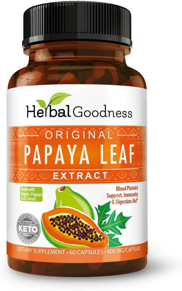 Papaya Leaf Extract Capsules 10X Strength - 60 / 600mg Veg Capsules - Blood Platelet, Bone Marrow & Spleen Support, immungut & Super fordøjelsessygdom - Urtevedlighed (Pack of 6)