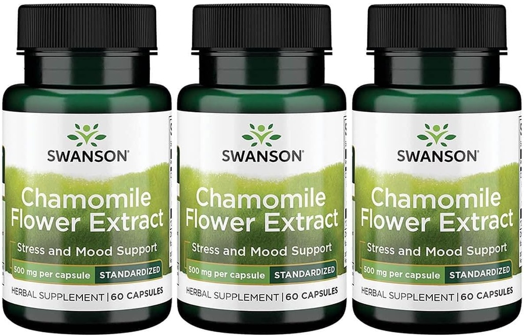 Swanson Kamille Flower Extract 500 Milligram Standardiseret til 1, 2% Apigenin 6 mg per kapsel 60 kapsler 3 pakning