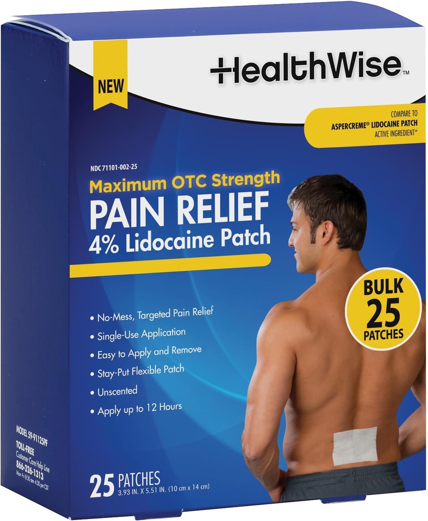 HealthWise 4% Lidocain Pain Relief Patch Shuch 124; Maksimum OTC-styrke; 25-greve-124; 3,93 "x 5,51" Mear 124; Sodhes Minor Aches and Pains Means 124; Odor Free Mear 124; Topisk anæstesi