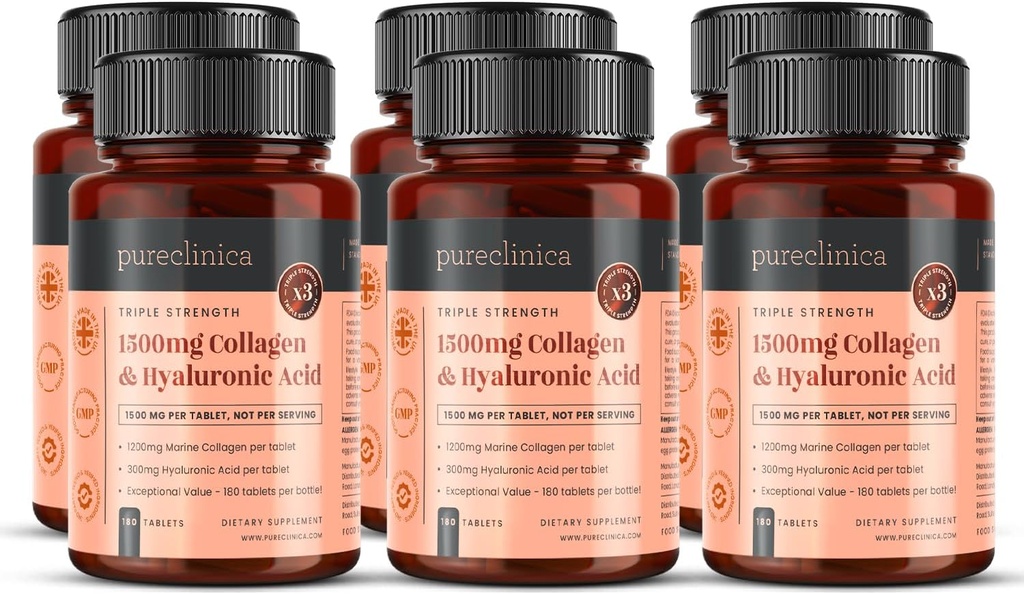 1500mg x 1080 tabletter. 1200mg UltraColl Collagen & 300mg Hyaluronsyre per tablet. (6 flasker à 180 tabletter Hver - 18 måneder Tilgang)