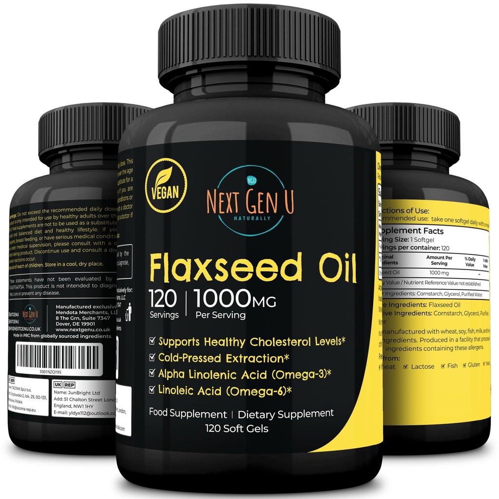 Flaxseed Oil Capsules - 1000 mg - 120 Vegan Soft Gels - High in Omega 3, 6, 9 - Cold Pressed Flax Seed Formel - 4 Months Supply - by NextGenU