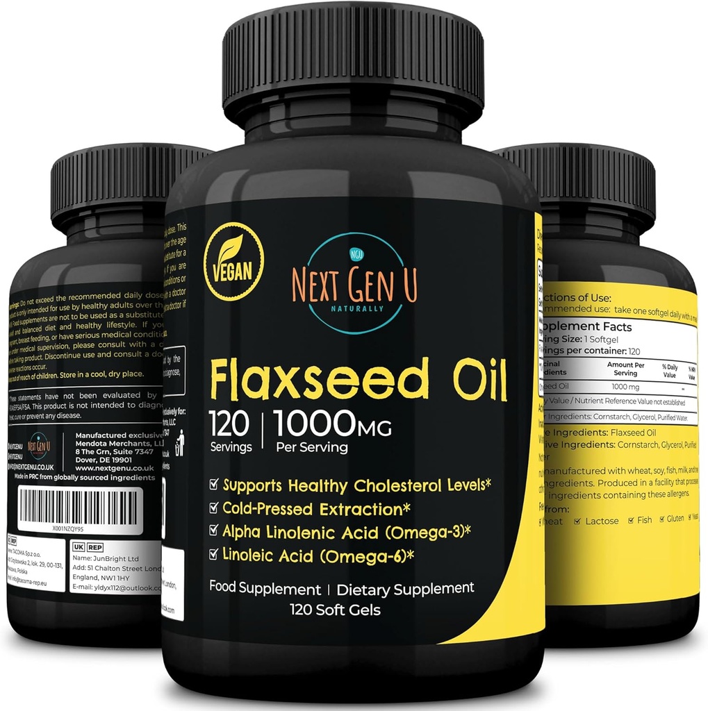 Flaxseed Oil Capsules - 1000 mg - 120 Vegan Soft Gels - High in Omega 3, 6, 9 - Cold Pressed Flax Seed Formel - 4 Months Supply - by NextGenU