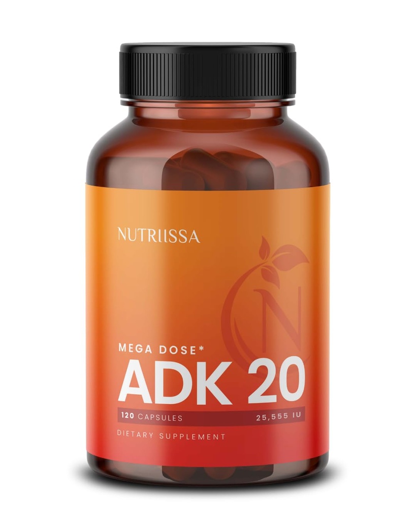 Nutrissa ADK 20 - immun- og benhelbredskontrol med vitaminer A, D & K (25.000 IE) - 4 måneders forsyning - EPAB Certificeret til renhed & potens - 120 Veganske kapsler