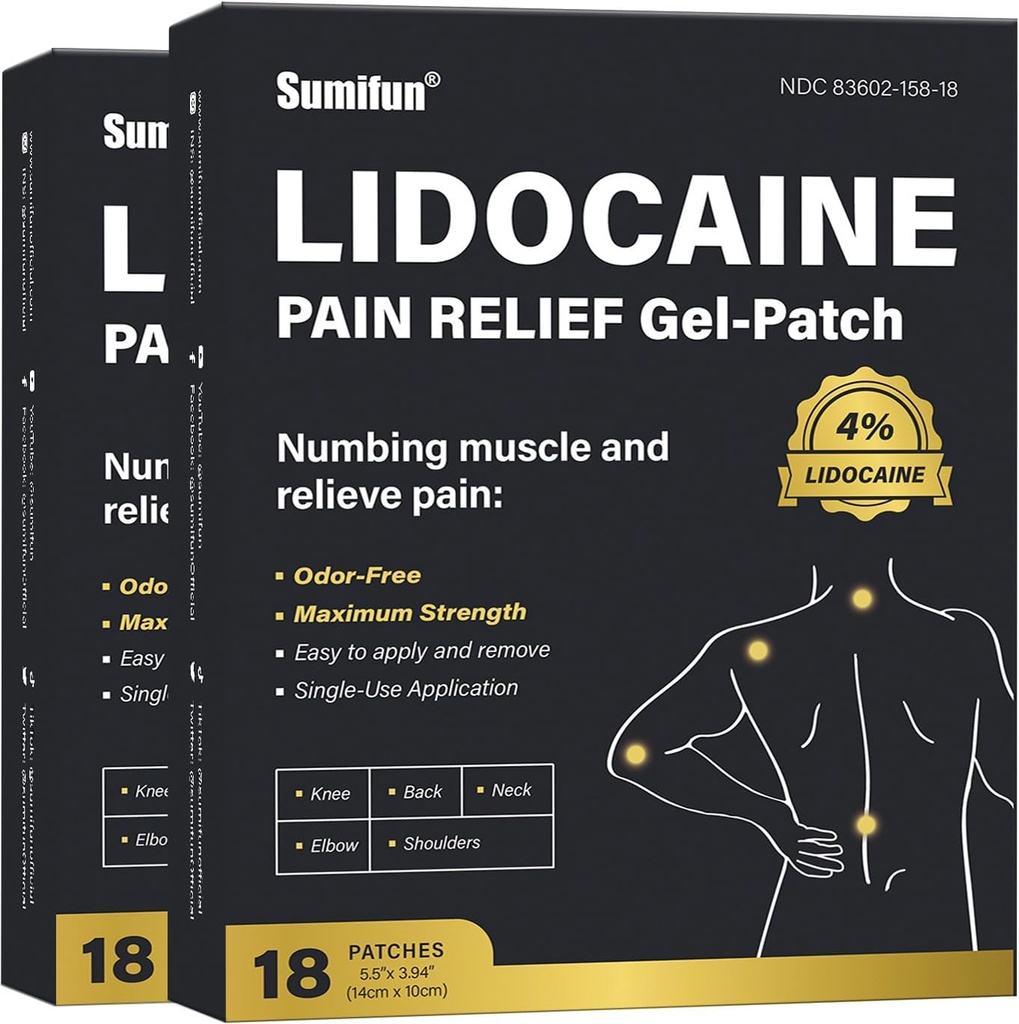 Sumifun 4% Lidocain Pain Relief Patches - 36 Count Patches for Back, Shoulder, Muscle, Joints, Knee Pain Relief - Lavere Rygsmerter Relief Produkter - Smerte Patches Maksimal styrke Lidocain