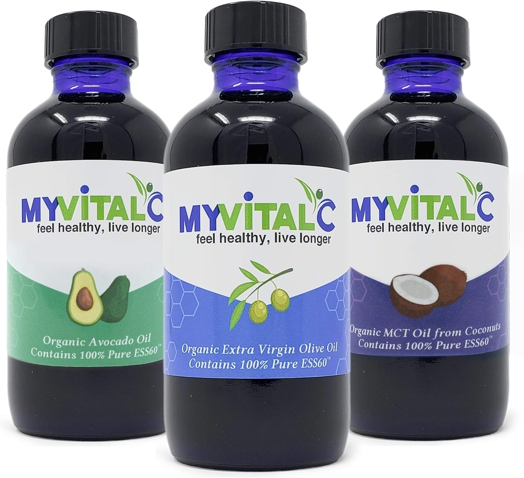 MyVitalC Combo of Organic Extra Virgin Olivenolie, MCT & Avocado Oil - ESS60 Antioxidant Supplement - For Anti- Aging, Longevity, Sleep, Energy - Pack of 3