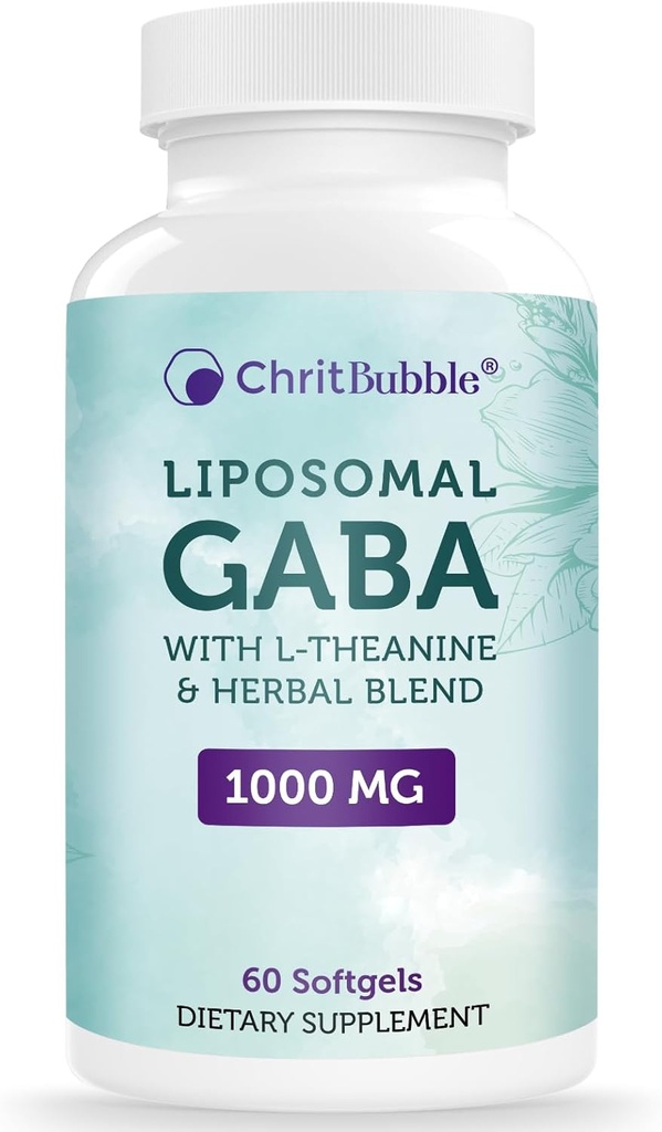 Liposomal GABA Kosttilskud 1000mg med L- Theanine 200mg, Høj Absorption, Ashwagandha, Kamille, Tart Cherry Herbal Supplement for voksne, 60 Softgels, Non- GMO, Gluten Free