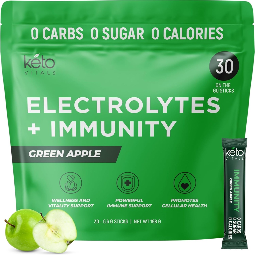 Keto Vitals Immunity Sugar Free Electrolytes Powder med C-vitamin, ingefær, gurkemeje, & Elderberry - Boost dit immunsystem og rehydrere din krop - Green Apple Flavor, 30 Greve