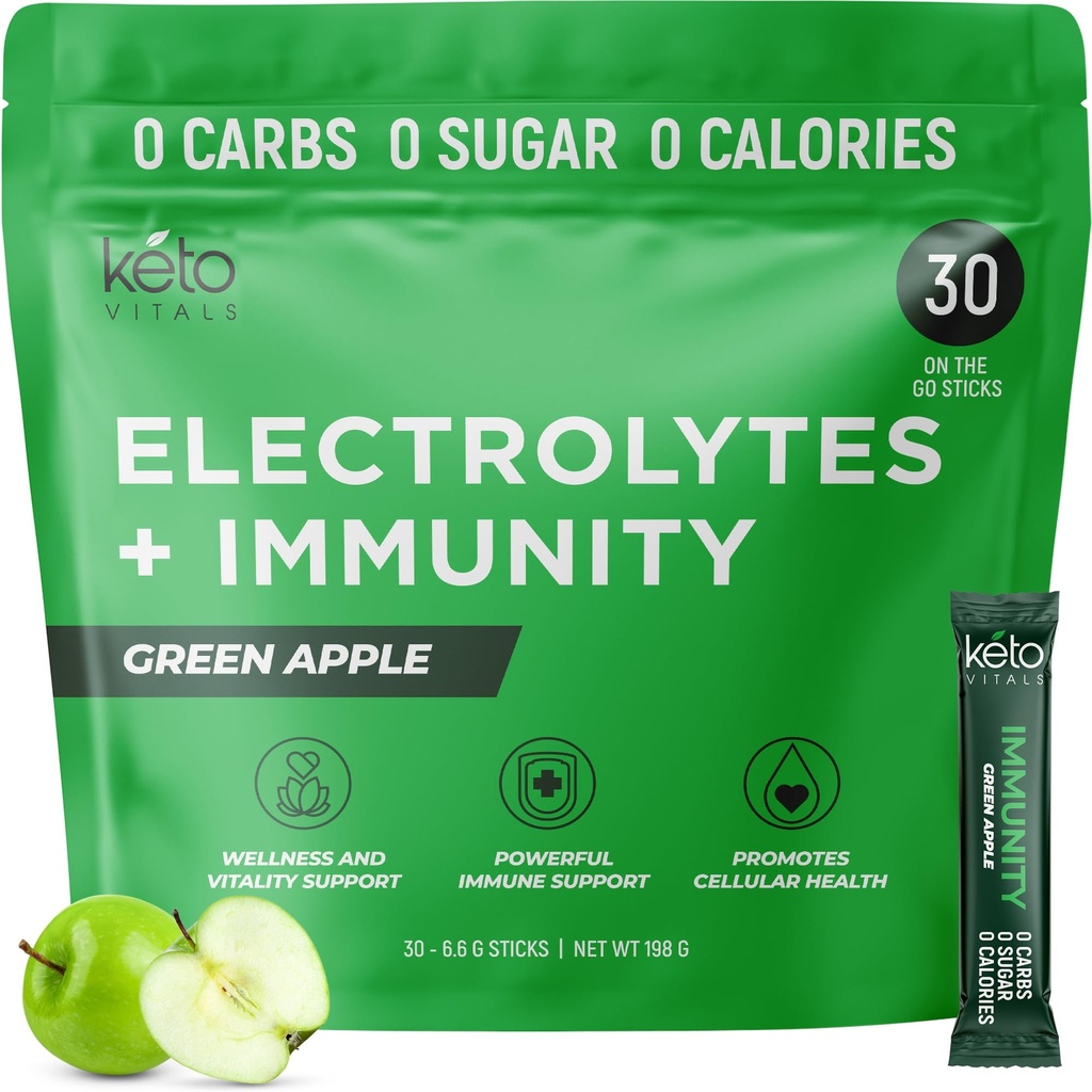 Keto Vitals Immunity Sugar Free Electrolytes Powder med C-vitamin, ingefær, gurkemeje, & Elderberry - Boost dit immunsystem og rehydrere din krop - Green Apple Flavor, 30 Greve
